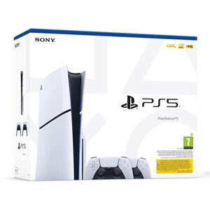 SONY PlayStation 5 (Model Slim) + PlayStation 5 DualSense Wireless Controllers, čierna a biela
