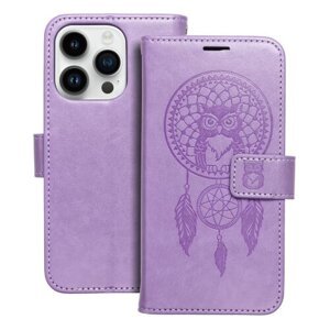 Puzdro Mezzo Book iPhone 14 Pro, vzor dreamcatcher - fialové